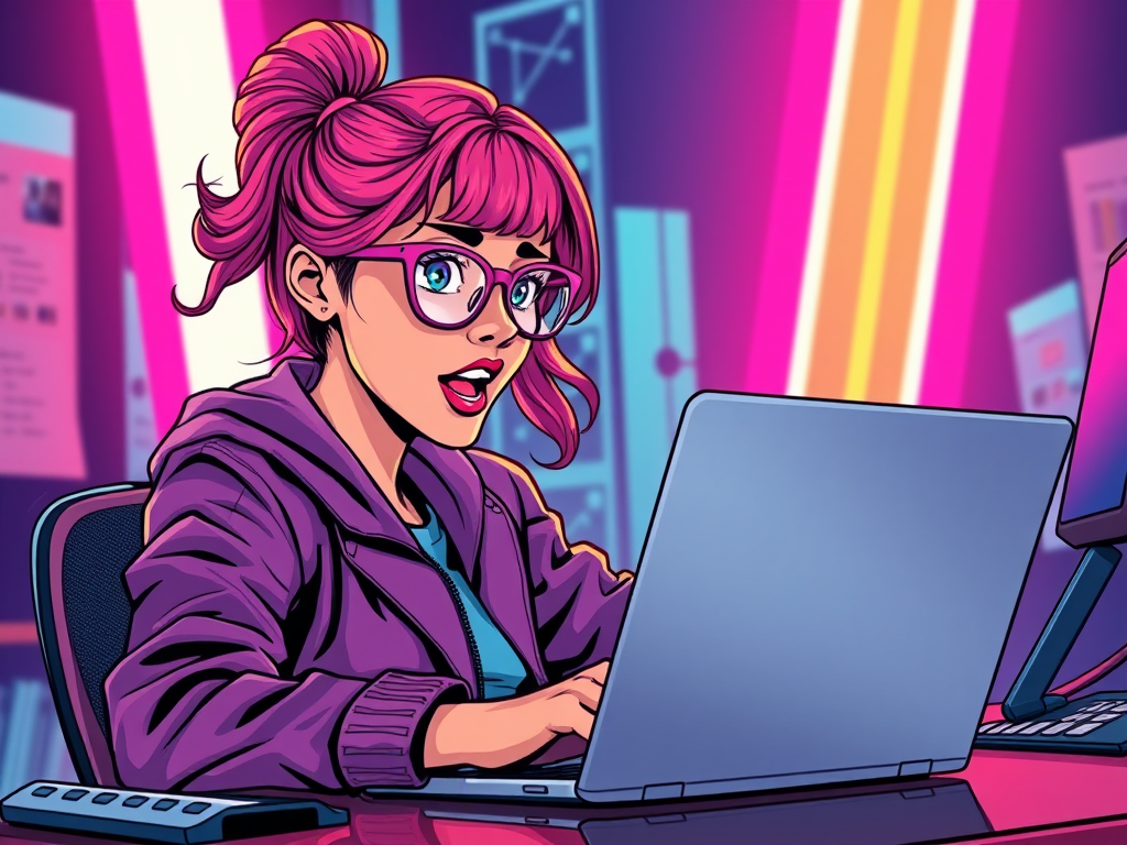 create an image where a marketer is sitting by her