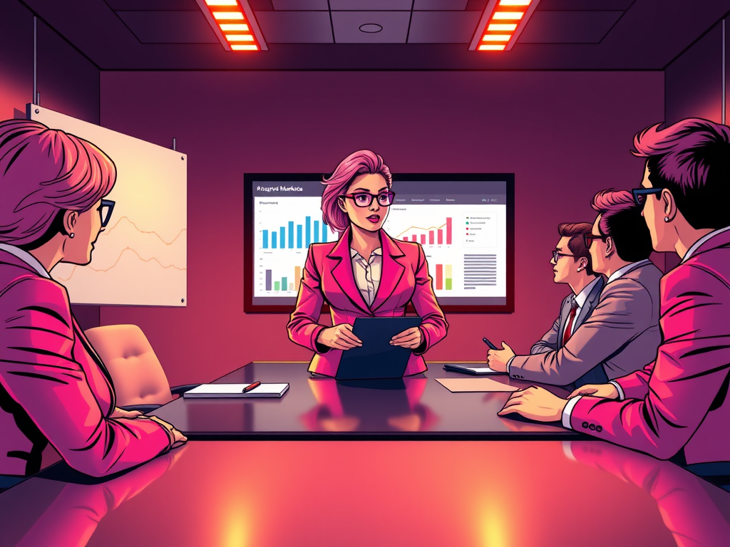 a marketer is in a boardroom her suit is pink