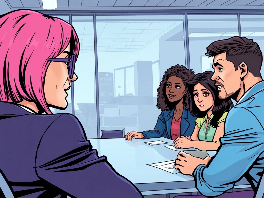 head of marketing discussing marketing and ai ethics with her team. The marketing leader has pink hair, purple glasses and a purple hair.