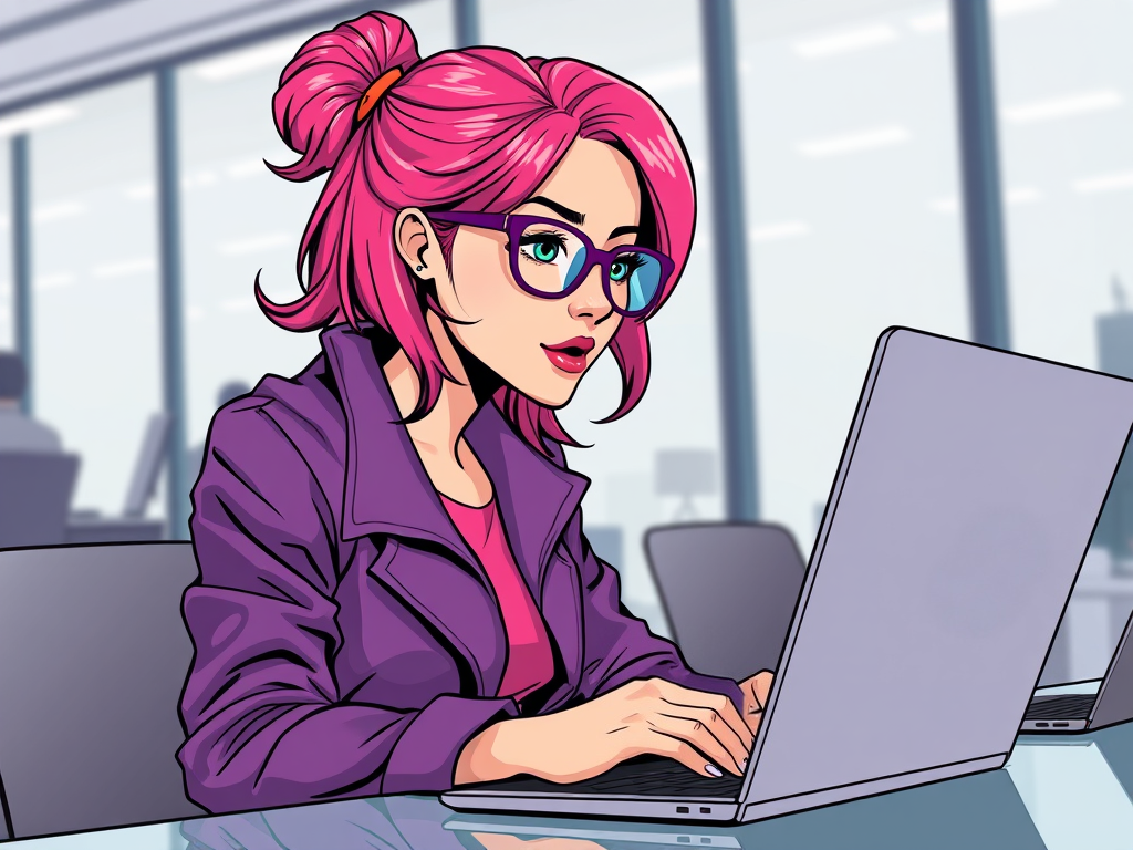 A marketer with pink hair and glasses is typing on a laptop in a modern office environment. She is creating a modern digital ad and thinking which format and pattern to use.